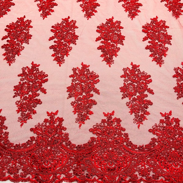 Red corded embroider with sequins on a mesh lace fabric-prom-sold by the yard.