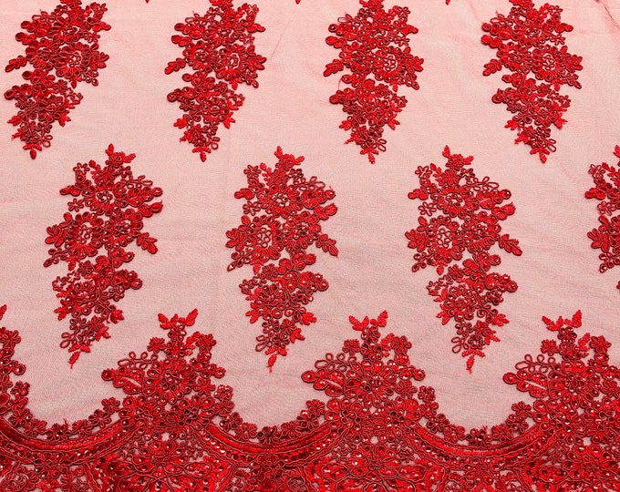 Red corded embroider with sequins on a mesh lace fabric-prom-sold by the yard.