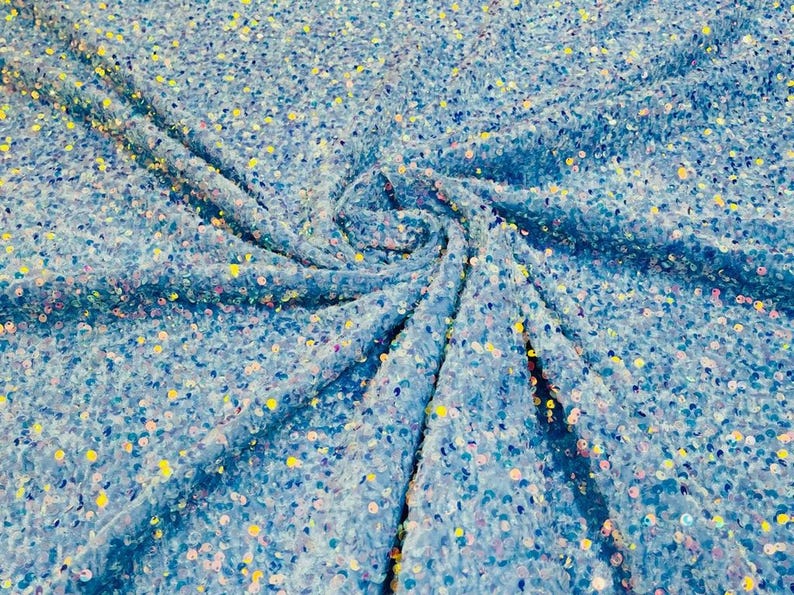 Stretch Velvet with Shiny Iridescent Sequins, Light Blue Fabric Sold by the Yard