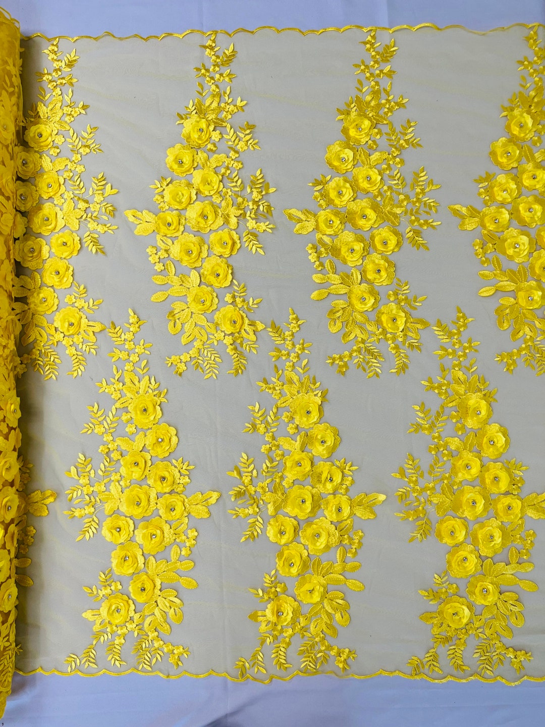 Emily 3-D Floral Design Embroider with Pearls On A Mesh Lace Fabric (1 Yard, Bright Yellow) main image 0