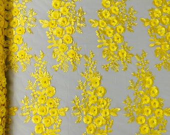 Yellow 3d floral design embroider and beaded with rhinestones on a mesh lace-prom-dresses-nightgown-apparel-fashion-sold by yard.