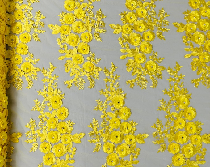 Yellow 3d floral design embroider and beaded with rhinestones on a mesh lace-prom-dresses-nightgown-apparel-fashion-sold by yard.