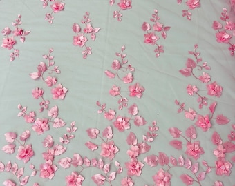 Candy pink Ruby 3d floral design embroider with pearls in a mesh lace-dresses-fashion-decorations-prom-nightgown-sold by the yard.
