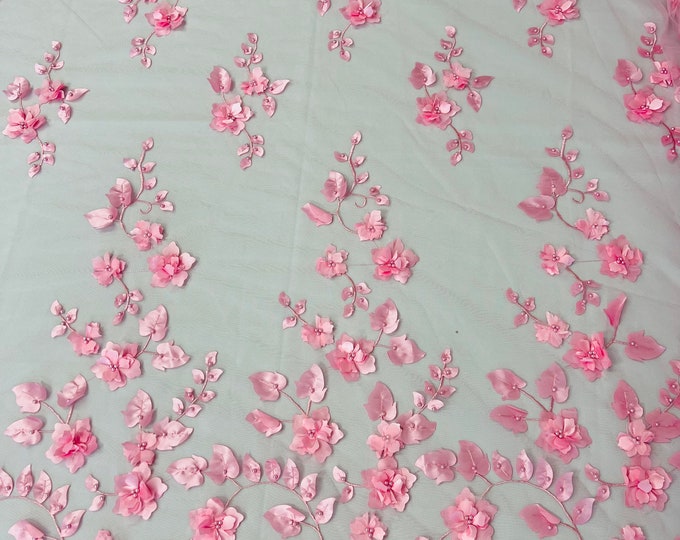 Candy pink Ruby 3d floral design embroider with pearls in a mesh lace-dresses-fashion-decorations-prom-nightgown-sold by the yard.