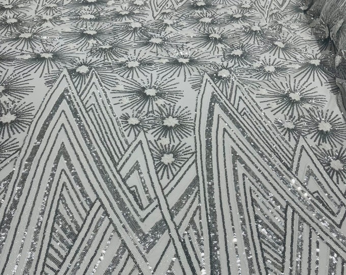 Silver/white geometric Star sequin design on a 4 way stretch mesh-sold by the yard.