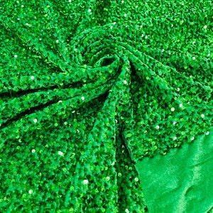 Green stretch velvet with luxury sequins all over 5mm shining sequins 2-way stretch, sold by the yard.