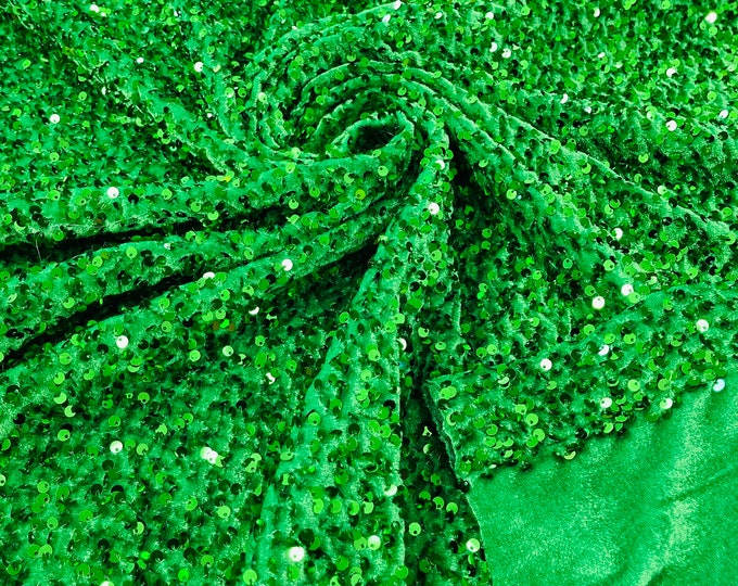 Green stretch velvet with luxury sequins all over 5mm shining sequins 2-way stretch, sold by the yard.