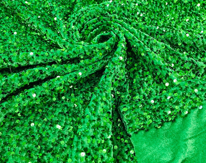 Green stretch velvet with luxury sequins all over 5mm shining sequins 2-way stretch, sold by the yard.