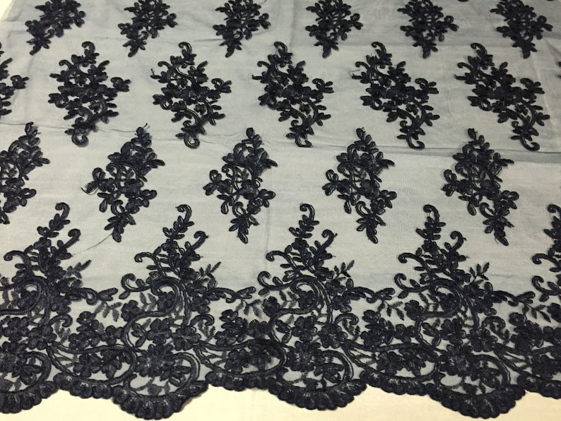 yard Navy blue classy paisley flowers embroider on a mesh lace