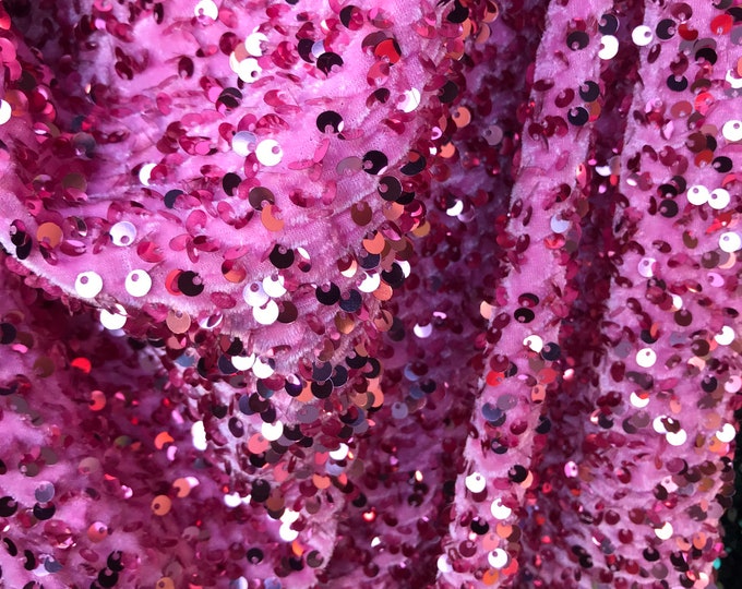 Pink stretch velvet with pink luxury sequins all over 5mm shining sequins 2-way stretch, sold by the yard.