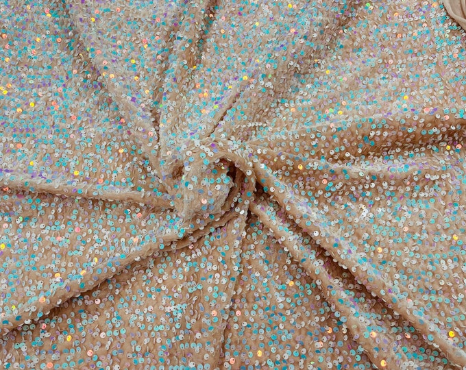 Aqua Clear Iridescent economic all over shiny sequins on a 2 way stretch Blush velvet , sold by the yard.