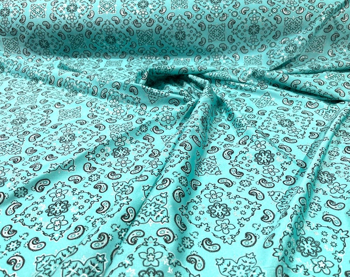 Mint Green metallic bandanna print on a stretch tricot spandex fabric- Sold by the yard.