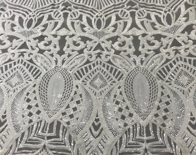 White royalty design embroider with shiny sequins on a 4 way stretch power mesh-dresses-fashion-prom-nightgown-sold by the yard.