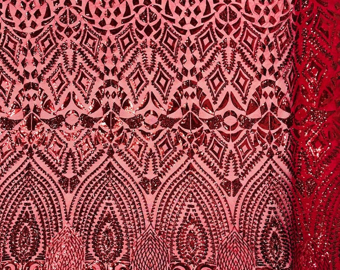 Burgundy - Diamond Geometric Sequin On A Stretch Mesh Fabric ( By The Yard)