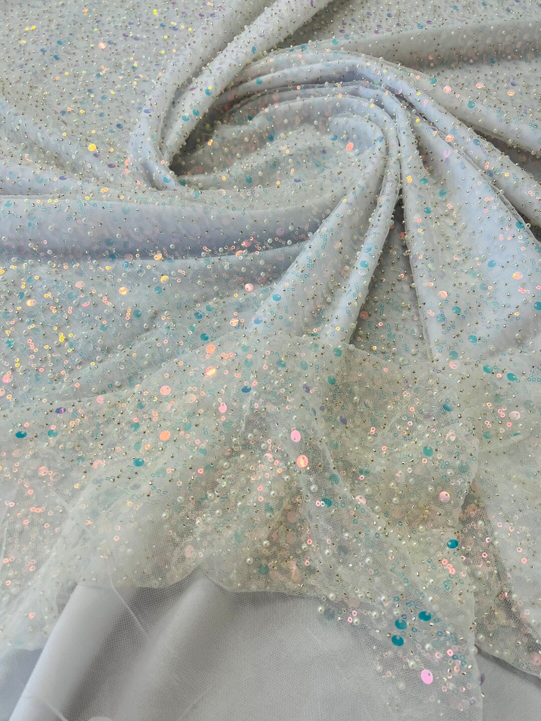 Royalty Fabrics Hunter iridescent heavy hand beaded princess design embroider with beads-pearls-sequins on a mesh lace-sold by yard. main image 1