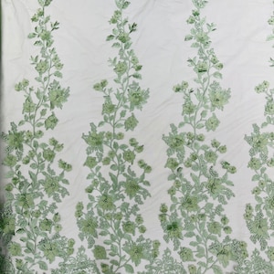 Sage Green Emily 3d floral design embroider with pearls in a mesh lace-sold by the yard.