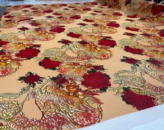 Dragon design with red roses on a power mesh 4-way stretch 58"-Sold by the yard.