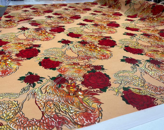 Dragon design with red roses on a power mesh 4-way stretch 58"-Sold by the yard.