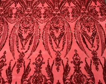 Red princess design embroidery with sequins on a 4 way Stretch Mesh-dresses-fashion-prom-nightgown-sold by the yard.