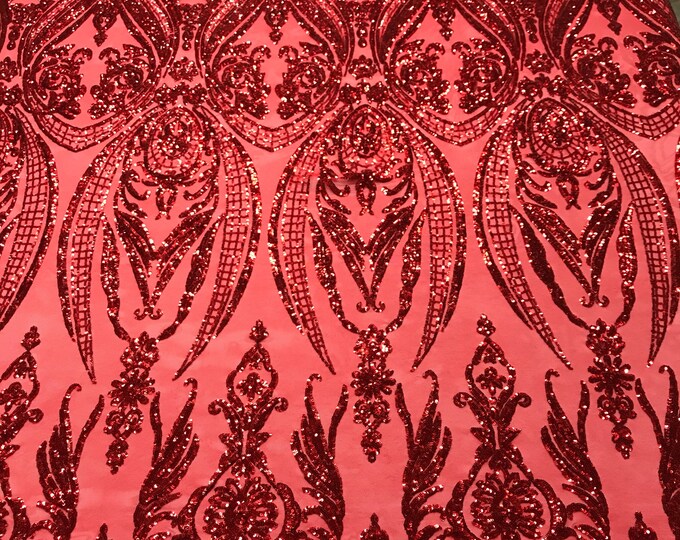 Red princess design embroidery with sequins on a 4 way Stretch Mesh-dresses-fashion-prom-nightgown-sold by the yard.