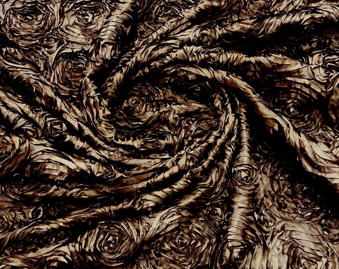 Brown 3D Rosette Embroidery Satin Rose Flowers  Floral on a satin Fabric by the yard.