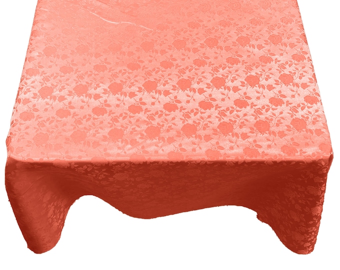 Coral Roses Jacquard Satin Rectangular Tablecloth Seamless/Party Supply.