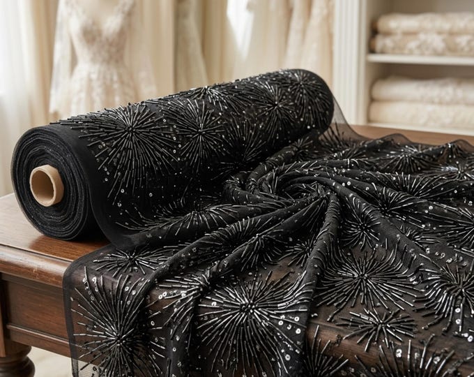 Black Vegas Beaded Sequin Stretch Mesh Fabric By The Yard, Luxury Embroidered Lace For Prom Dresses, Evening Gowns & Couture Fashion