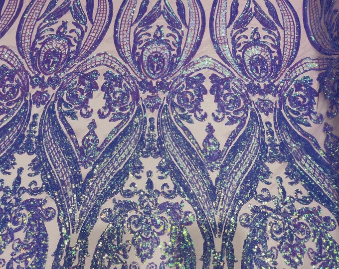 Lavender iridescent shiny sequin damask empire design on a 4 way stretch mesh-sold by the yard.