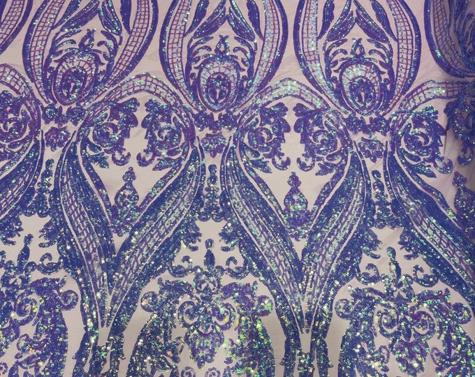 Lavender iridescent shiny sequin damask empire design on a 4 way stretch mesh-sold by the yard.