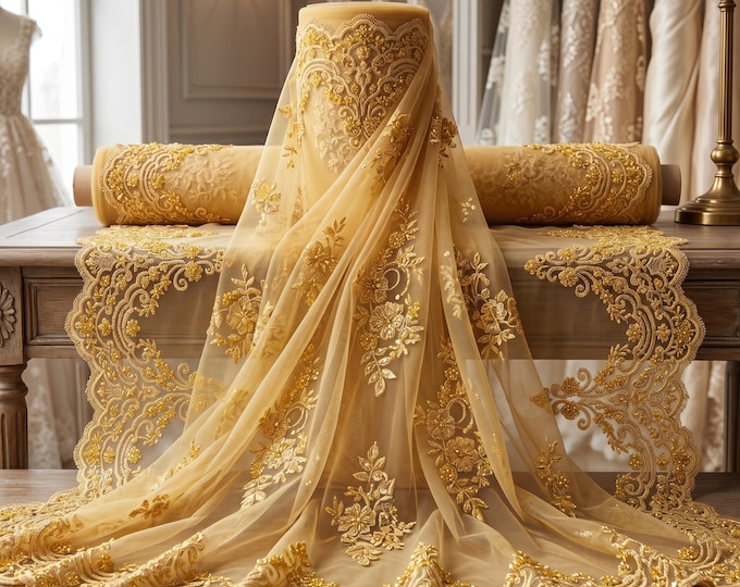 Elegant Yellow Hand Beaded Mesh Lace Fabric By The Yard, Floral Bridal Lace For Wedding Dresses, Prom Gowns & Couture Apparel