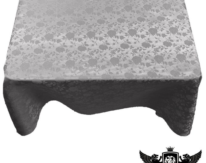 Silver Square Tablecloth Roses Jacquard Satin Overlay for Small Coffee Table Seamless.