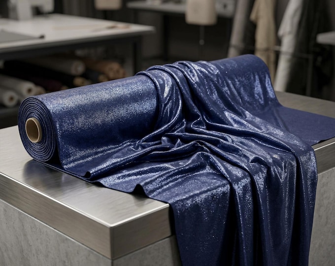 Navy Blue Metallic Foil Nylon Spandex Fabric by the Yard, 4 Way Stretch Shiny Fabric for Costumes, Dancewear & Leggings