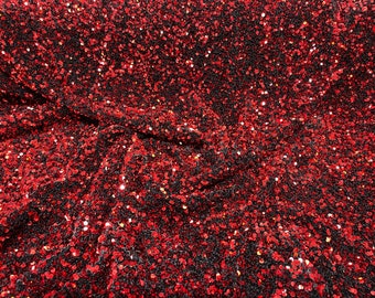 Red On Black stretch velvet with luxury sequins all over 5mm shining sequins 2-way stretch, sold by the yard.