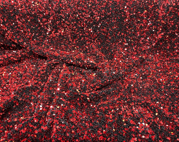Red On Black stretch velvet with luxury sequins all over 5mm shining sequins 2-way stretch, sold by the yard.
