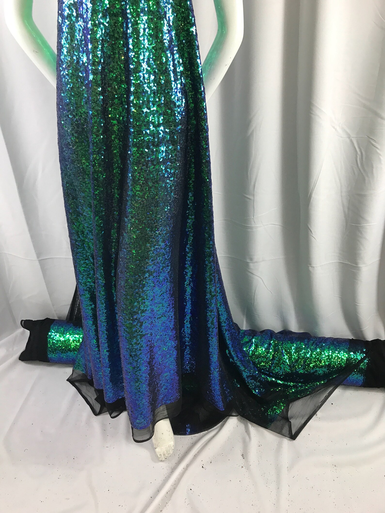 Green Iridescent Sequins-Dragon Scales Embroider on a Mesh-Sold by the Yard.