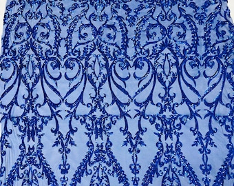 Royal Blue shiny sequin damask design on a 4 way stretch mesh-sold by the yard.