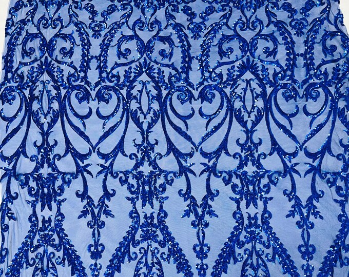 Royal Blue shiny sequin damask design on a 4 way stretch mesh-sold by the yard.