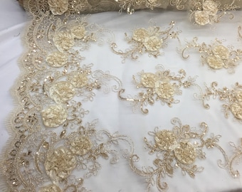 Champagne 3d flowers embroider with sequins on a champagne mesh lace. Wedding/bridal/prom/nightgown fabric. Sold by the yard.