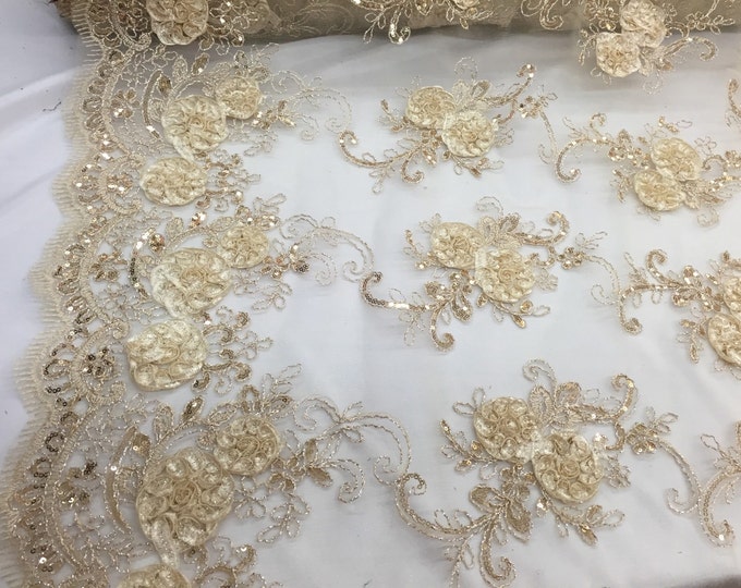 Champagne 3d flowers embroider with sequins on a champagne mesh lace. Wedding/bridal/prom/nightgown fabric. Sold by the yard.