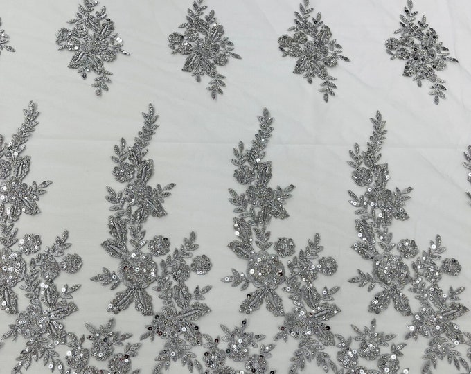 Silver floral design embroider and beaded on a mesh lace fabric-Wedding/Bridal/Prom/Nightgown fabric.