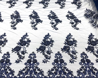 Navy Blue  elegant hand beaded flower design embroider on a mesh lace-prom-sold by the yard.