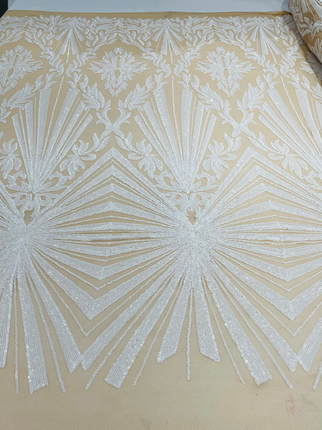 Diamond Damask Design On A Nude 4 Way Stretch Mesh/Prom Fabric (1 Yard, Royal Blue) main image 1