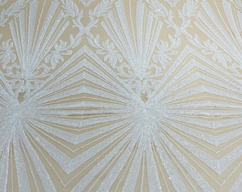 White diamond damask design on a nude 4 way stretch mesh-prom-sold by the yard.