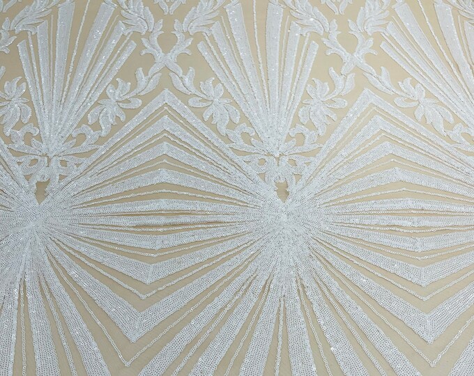 White diamond damask design on a nude 4 way stretch mesh-prom-sold by the yard.