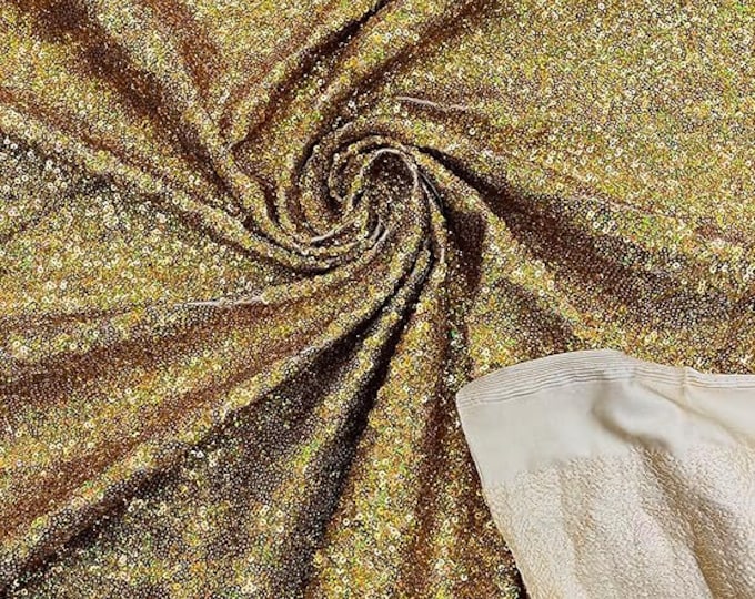 Gold Hologram - Mini Glitz Sequins on a 4 Way Stretch Spandex Fabric- Sold by The Yard.
