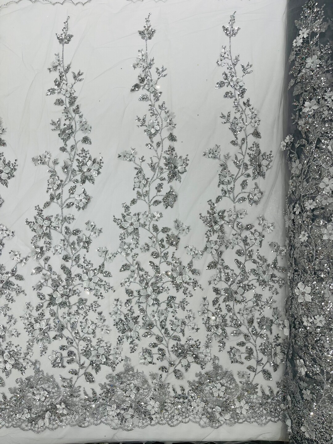 Silver 3D Princess Satin Flower Glitter Sequin Lace Fabric 54" Wide ...