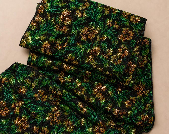 Orange Green Iridescent Flip Sequin Floral Stretch Velvet Fabric By The Yard, Two Tone Sequin Fabric, Prom Dress Material
