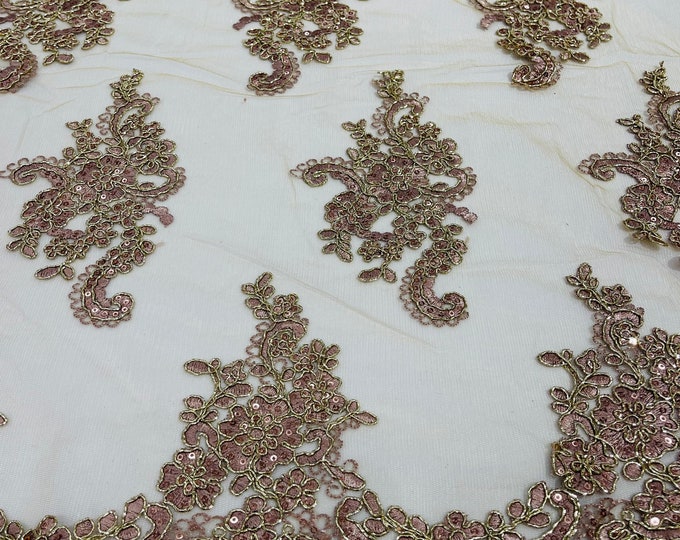 Metallic Rose gold flower lace corded and embroider with sequins on a mesh-Sold by the yard.