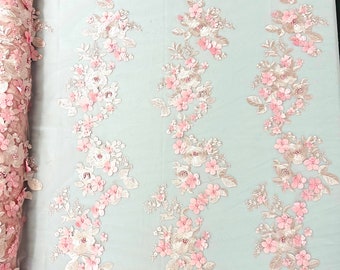 Pink Diana 3d floral design embroider with pearls in a mesh lace-sold by the yard.