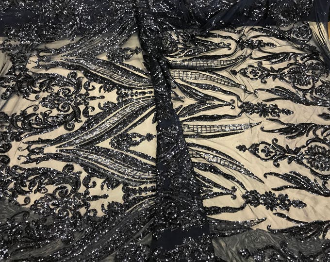 Navy blue empire design with sequins embroider on a 2 way stretch mesh fabric-prom-nightgown-decorations-sold by the yard.